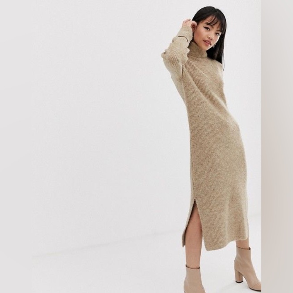 ASOS Ribbed Light Brown Tan Turtleneck Sweater Maxi Dress Size 4